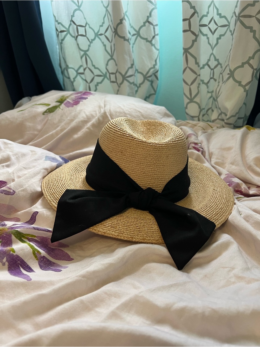 Wide-Brim Straw Sun Hat with Black Bow